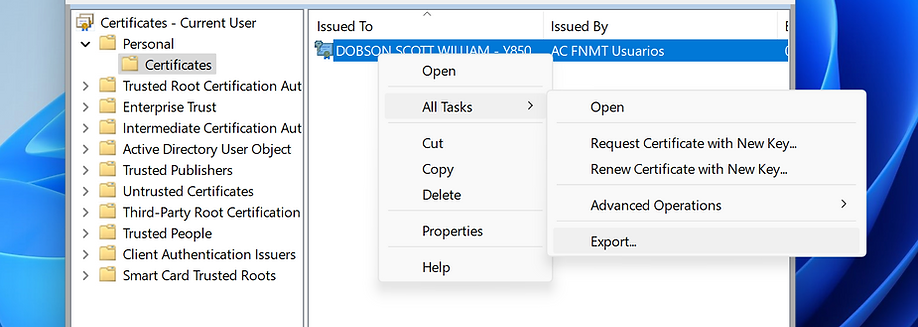 Windows Certificate Manager — export digital certificate